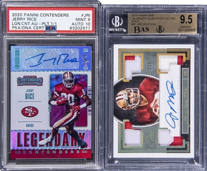 2019-20 Panini Joe Montana & Jerry Rice PSA/BGS-Graded Serial Numbered Signed Card Pair (2 Different) Featuring #1/1 Example!